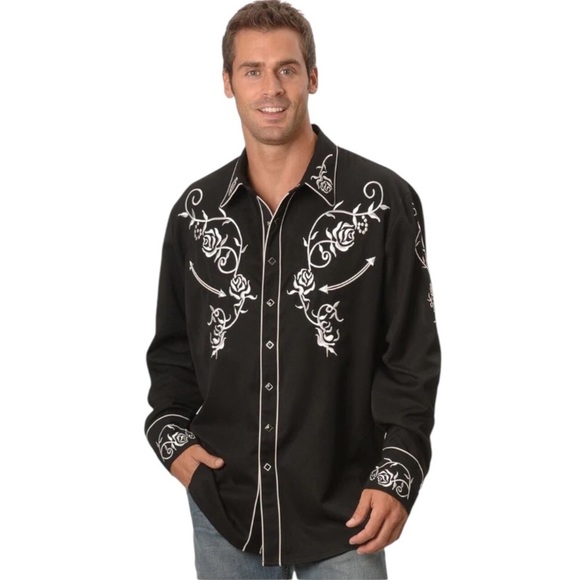 Scully Mens Western Snap Front Black White Embroidered Floral XL - Picture 1 of 11